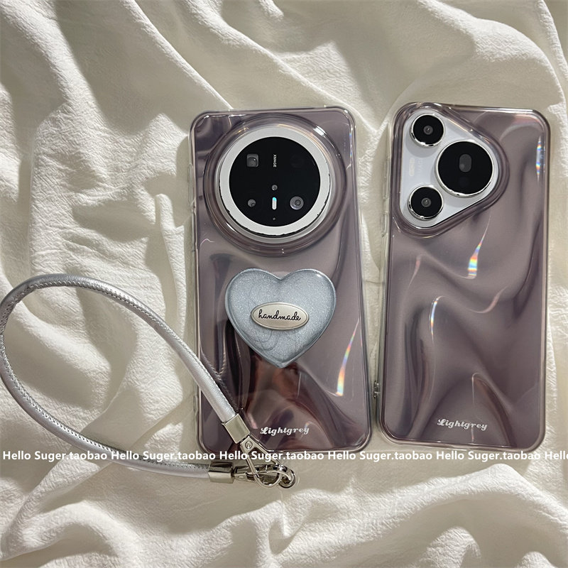 高级感韩系烟灰色镭射适用华为mate70pro+手机壳mate60pro立体爱心支架pura80pro手绳链条pura70pro个性女款