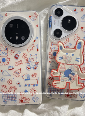 小众红蓝线条涂鸦小狗猫咪购物车带支架适用华为mate70pro+手机壳pura80pro双层新款mate60pro保护套pura70女