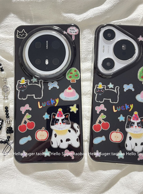ins风甜酷可爱黑色闪粉樱桃猫咪适用华为mate70pro+手机壳mate60pro双层新款pura70pro链条手绳mate60小众女