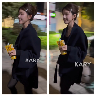 子 系帶羊毛呢子外套小腳牛仔褲 戀人趙露思阮妤同款 毛呢大衣浴袍式