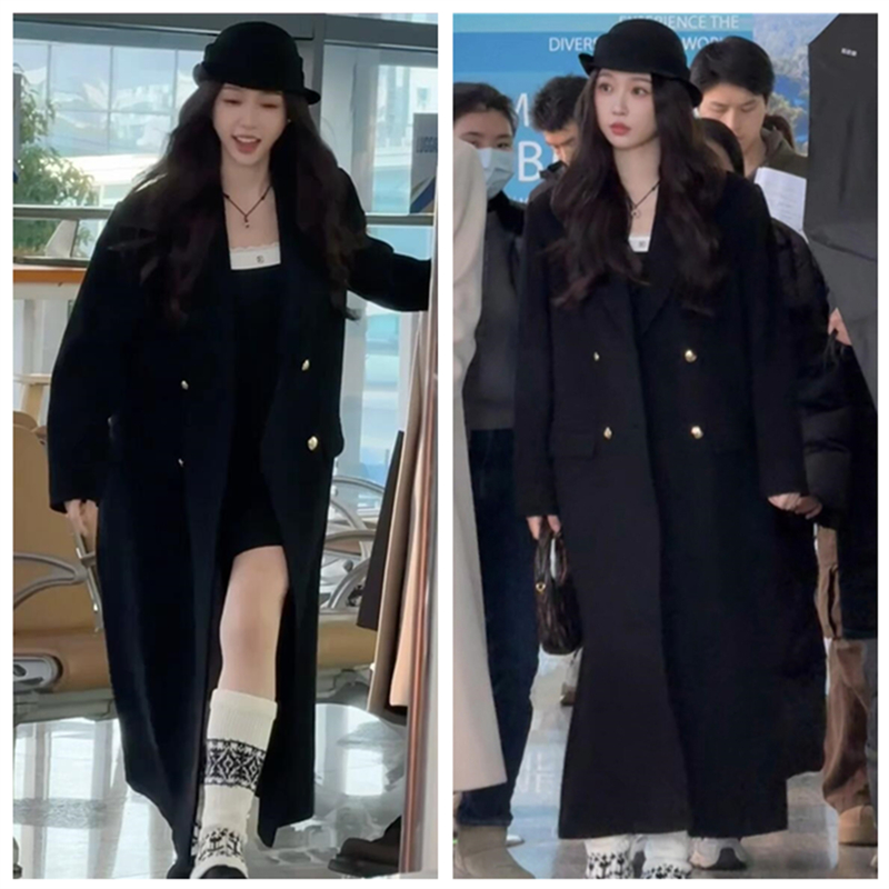 双轨虞书欣姜暮同款黑色毛呢大衣长款西装外套吊带背心上衣短裤子