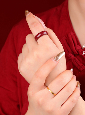 天然朱砂戒指男女情侣款扳指时尚百搭本命年手饰素圈红色指环尾戒