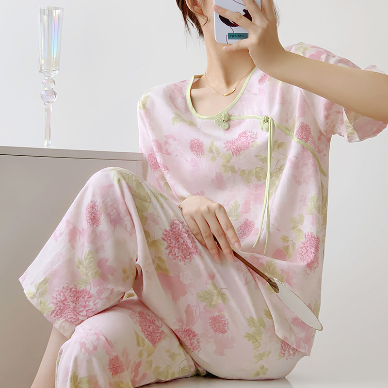 牡丹睡衣女夏新中式国风绵绸薄款圆领透气棉绸复古风家居服可外穿