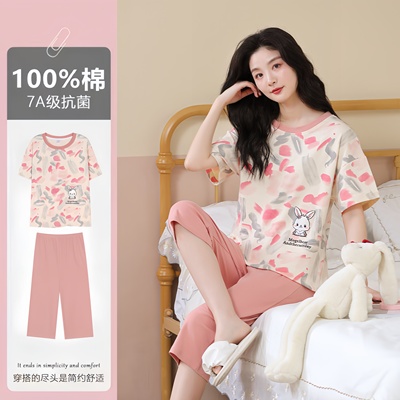 夏季纯棉女短袖七分裤休闲可外穿