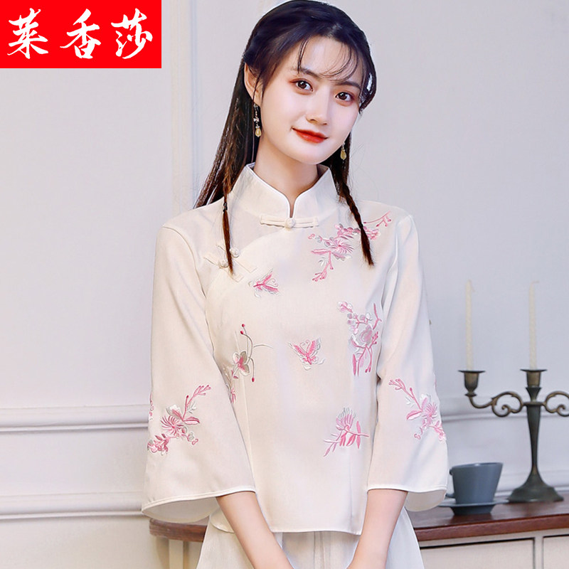 民国风大码女装棉麻绣花茶服中国风复古唐装改良汉服旗袍盘扣上衣