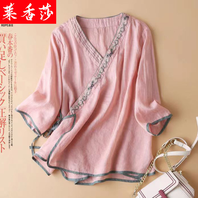 大码禅意茶服采耳师服装中国风复古女装改良夏季汉服棉麻交领上衣