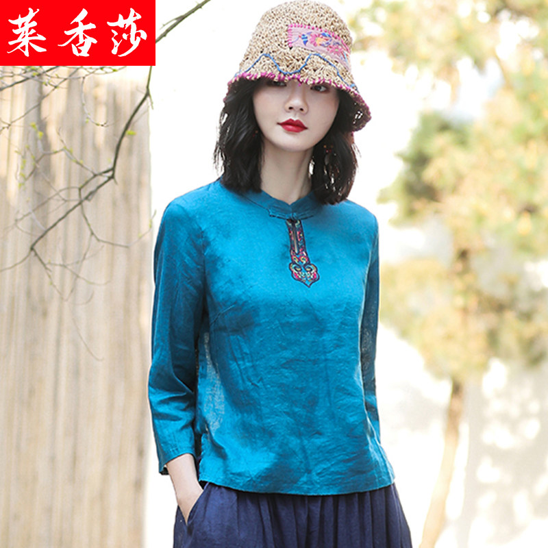 春夏民族风复古女装亚麻七分袖T恤中国风唐装棉麻上衣女短款小衫