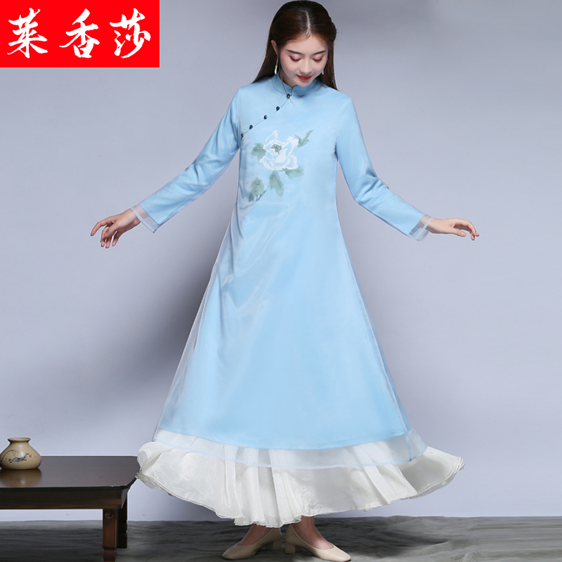 中国风茶服禅服女春秋禅舞服装古风禅意汉服改良旗袍连衣裙两件套