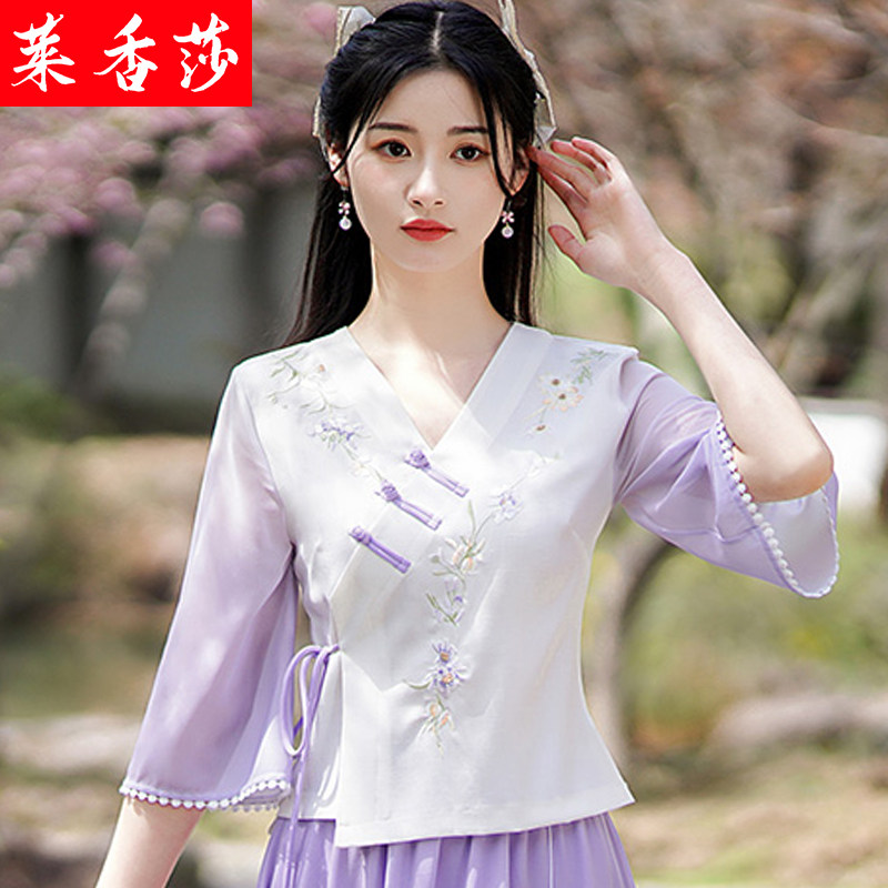 新中式国风日常改良年轻汉服交领上衣女夏装绣花短款茶禅服两件套