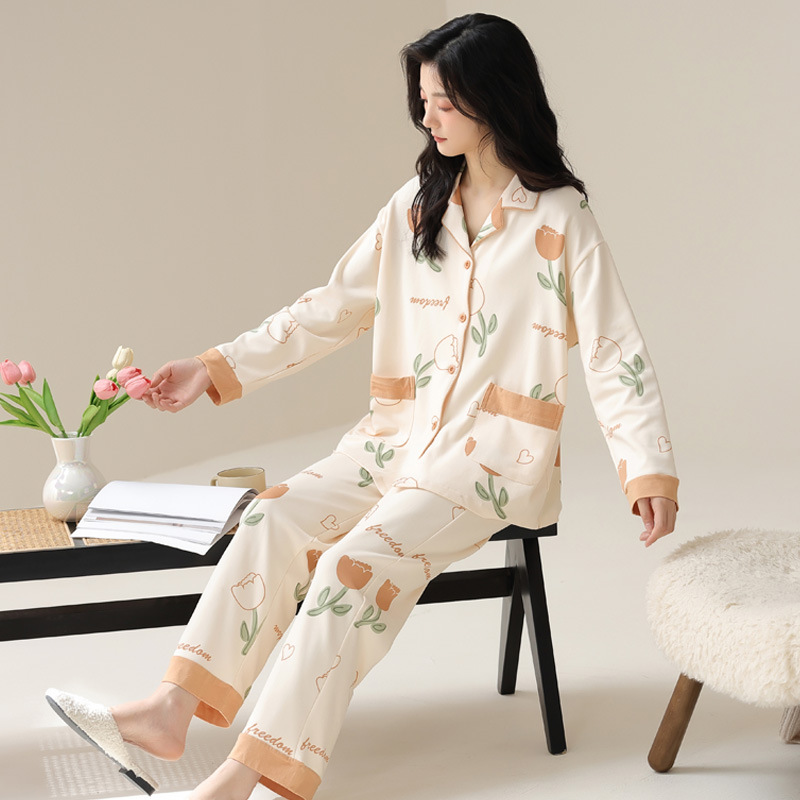 【纯棉】40支双面睡衣女士甜美风长袖长裤春秋款家居服套装秋冬季