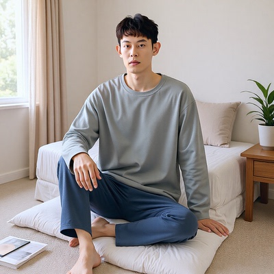 （抗菌新疆棉）纯棉秋冬季纯色长袖长裤睡衣男款韩版圆领家居套装