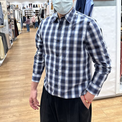 CK男士休闲纯棉撞色格子长袖衬衫