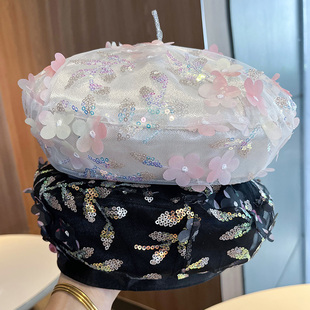 百搭小清新花朵蓓蕾帽画家帽 网纱透气贝雷帽子女夏季 韩版 ins薄款