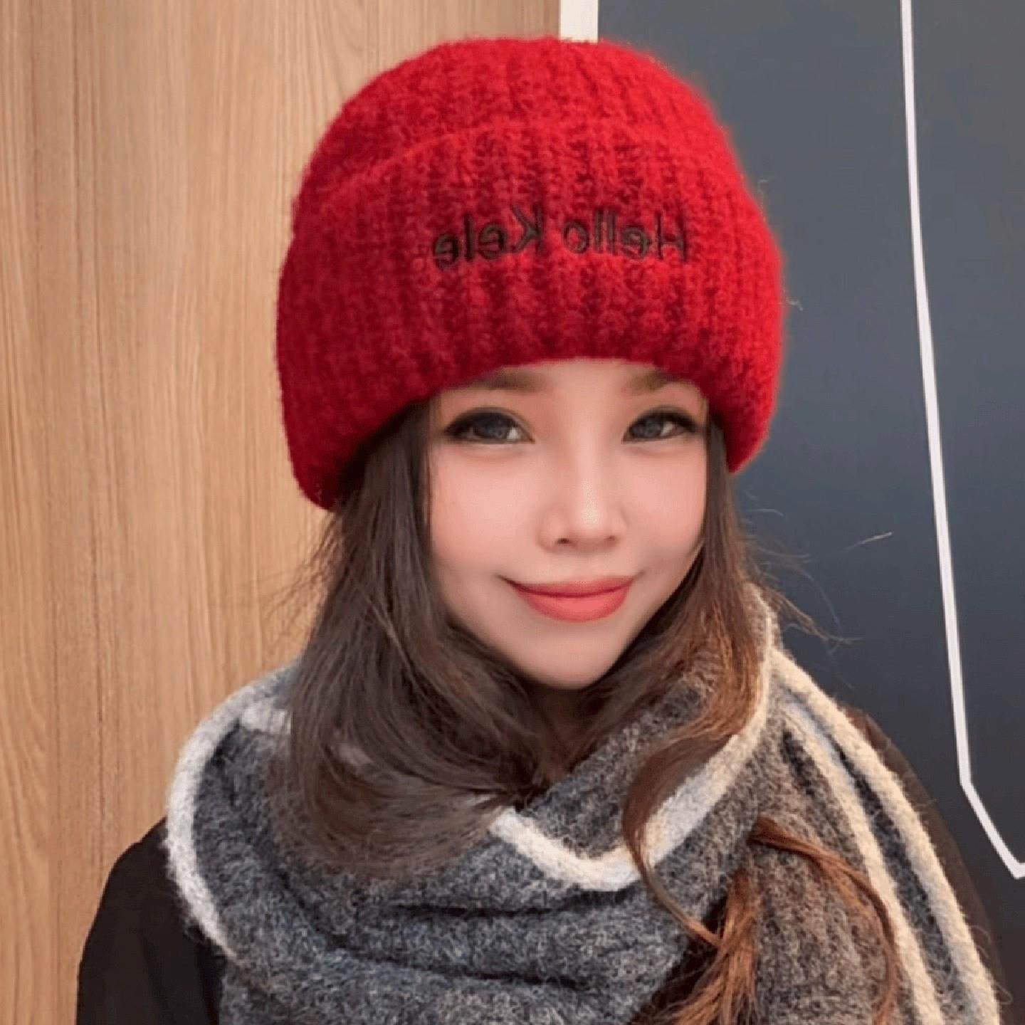 韩系ins字母刺绣红色毛线针织帽子女秋冬加厚保暖大头围百搭冷帽