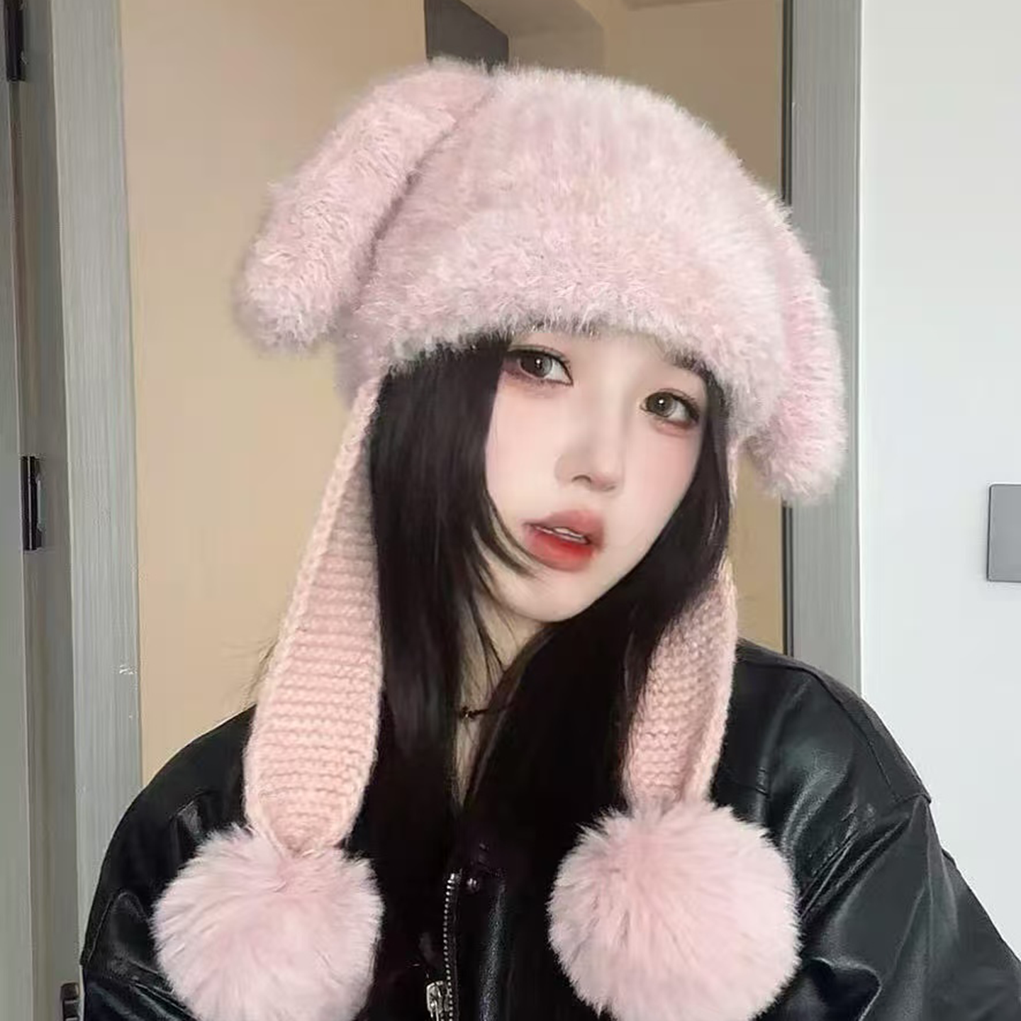 2025新款毛绒兔耳针织帽