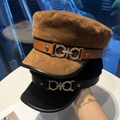 新款 鸭舌帽 水钻金属皮带标平顶帽子女英伦复古显脸小八角帽时尚