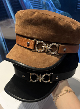 新款水钻金属皮带标平顶帽子女英伦复古显脸小八角帽时尚鸭舌帽