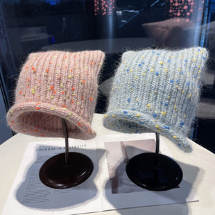 韩版杂色兔毛混纺猫耳针织帽子女秋冬季保暖百搭显脸小复古堆堆帽
