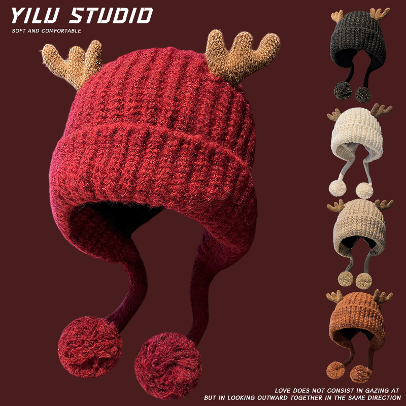 卡通可爱鹿角针织护耳帽