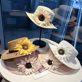 仿真向日葵花朵平顶草帽女田园复古草编礼帽夏季 海边遮阳防晒帽子