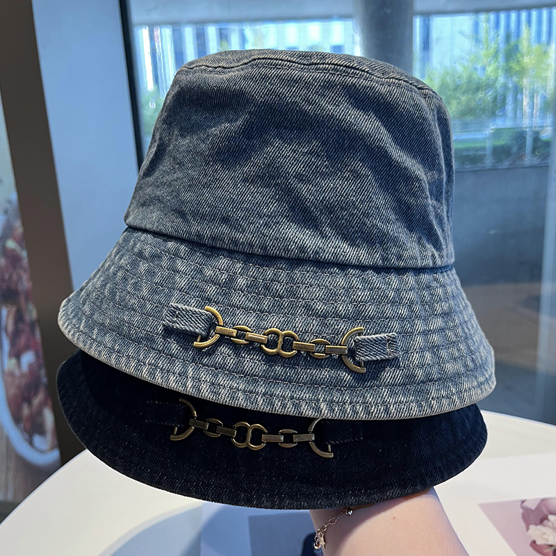 盆帽百搭女秋季链条水洗做旧牛仔