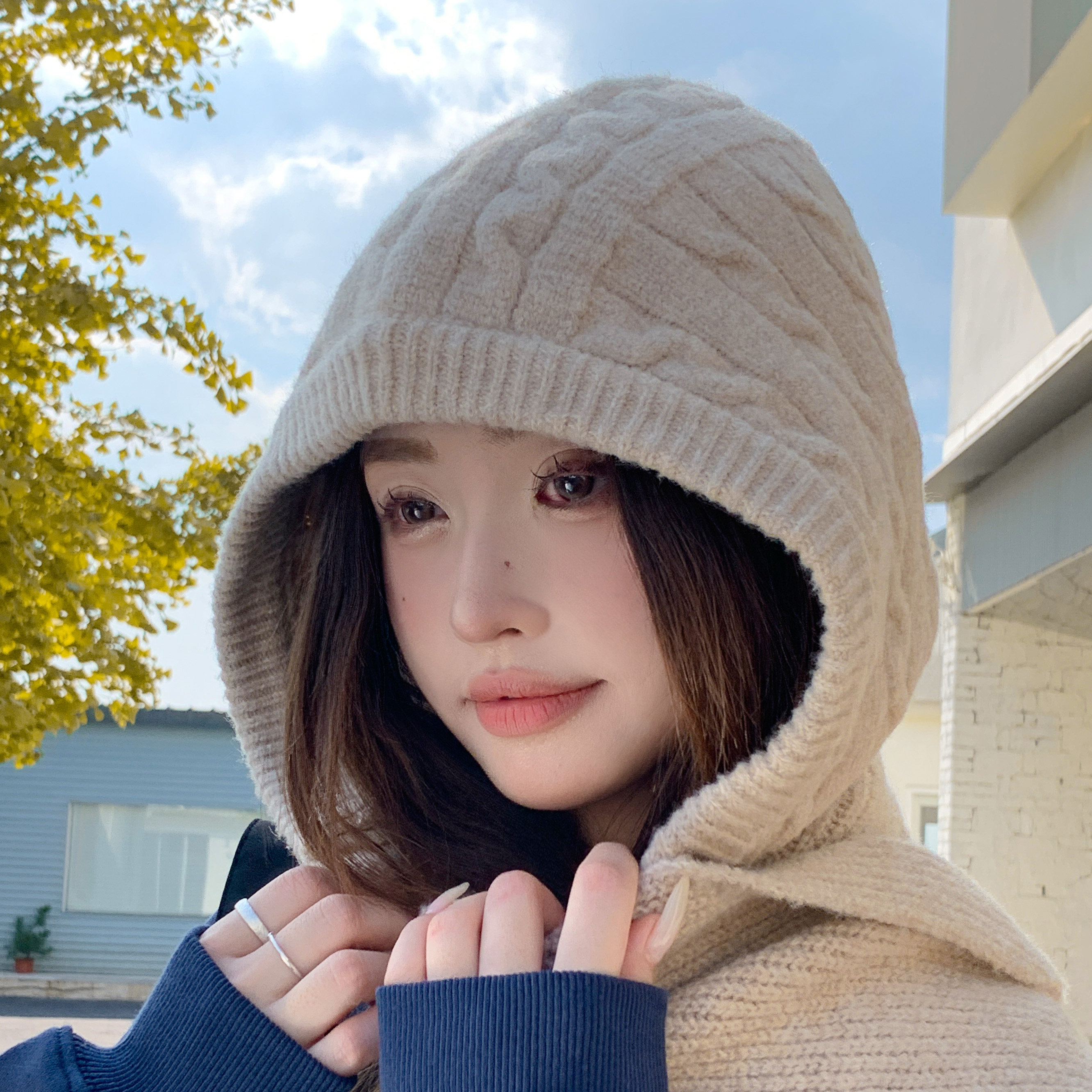 韩版大头围慵懒风麻花针织护耳帽子女冬季保暖防寒显脸小毛线帽潮