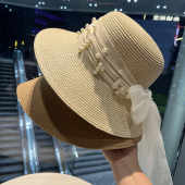 夏季 百搭沙滩遮阳帽出游防晒太阳帽 优雅珍珠网纱蝴蝶结草帽女时尚