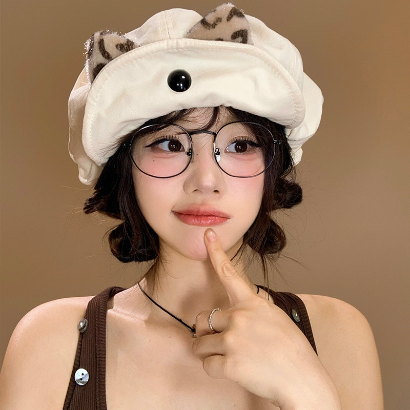 可爱豹纹耳朵翻檐云朵帽