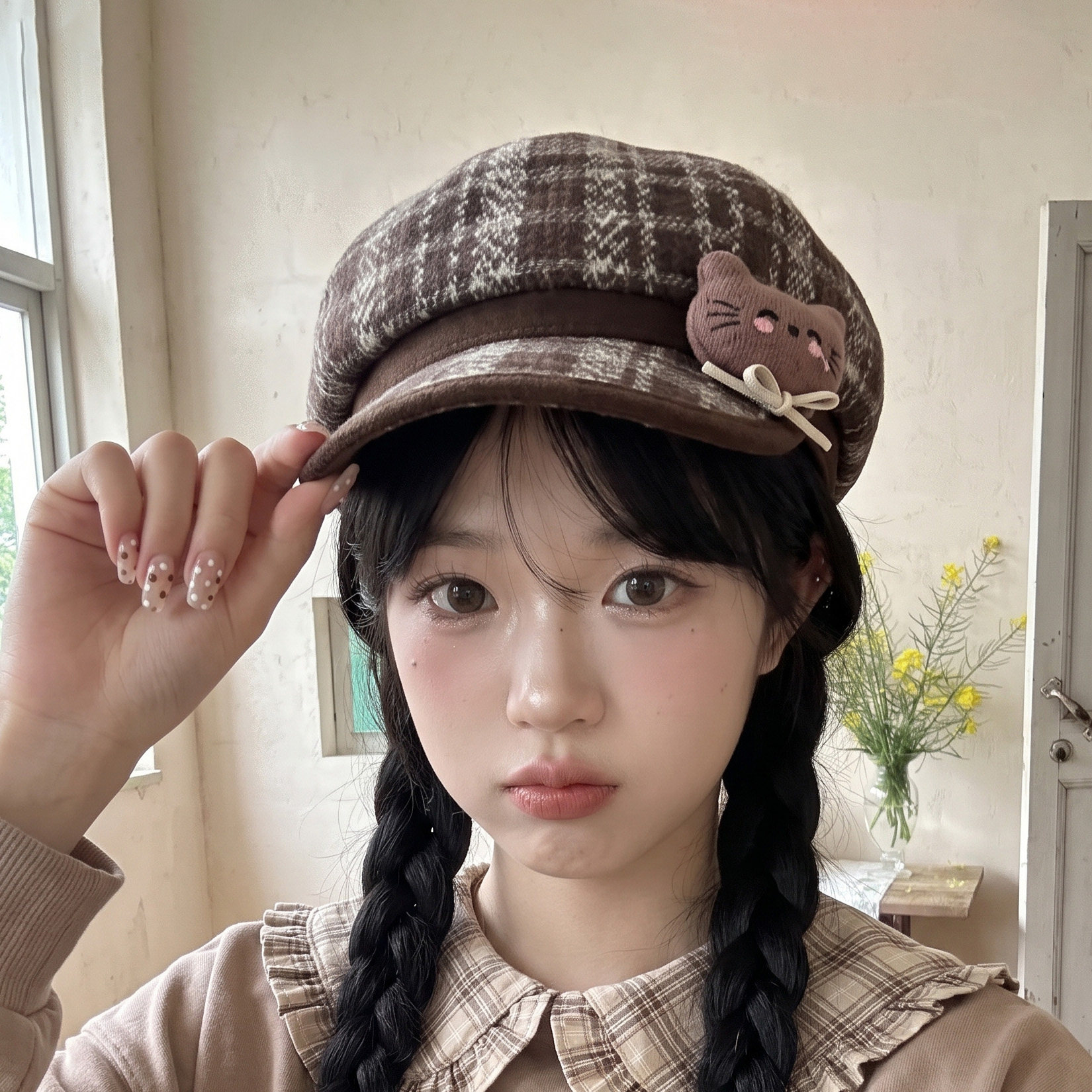 复古猫咪格纹毛呢贝雷帽女显脸小