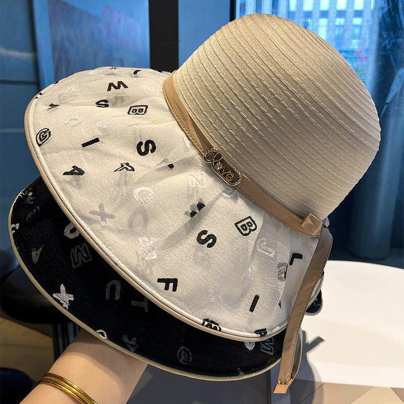 时尚字母印花遮阳帽子女春夏旅游度假可折叠欧根纱拼接大檐渔夫帽