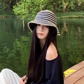 复古韩系条纹编织草帽女春夏季 百搭显脸小大头围遮阳防晒盆帽 新款