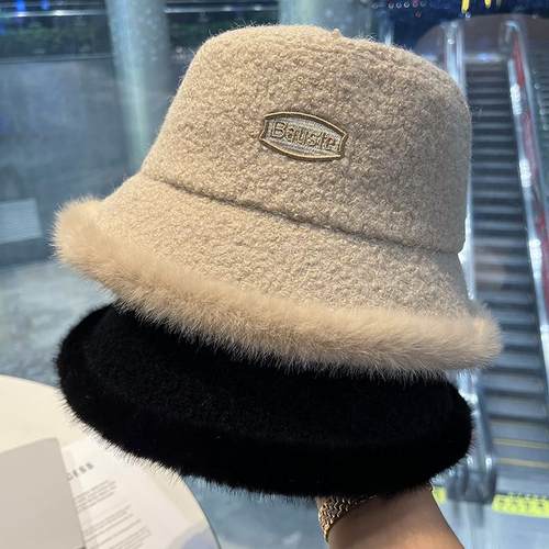 新款刺绣字母加厚帽子女秋冬毛绒渔夫帽时尚显脸小盆帽保暖水桶帽