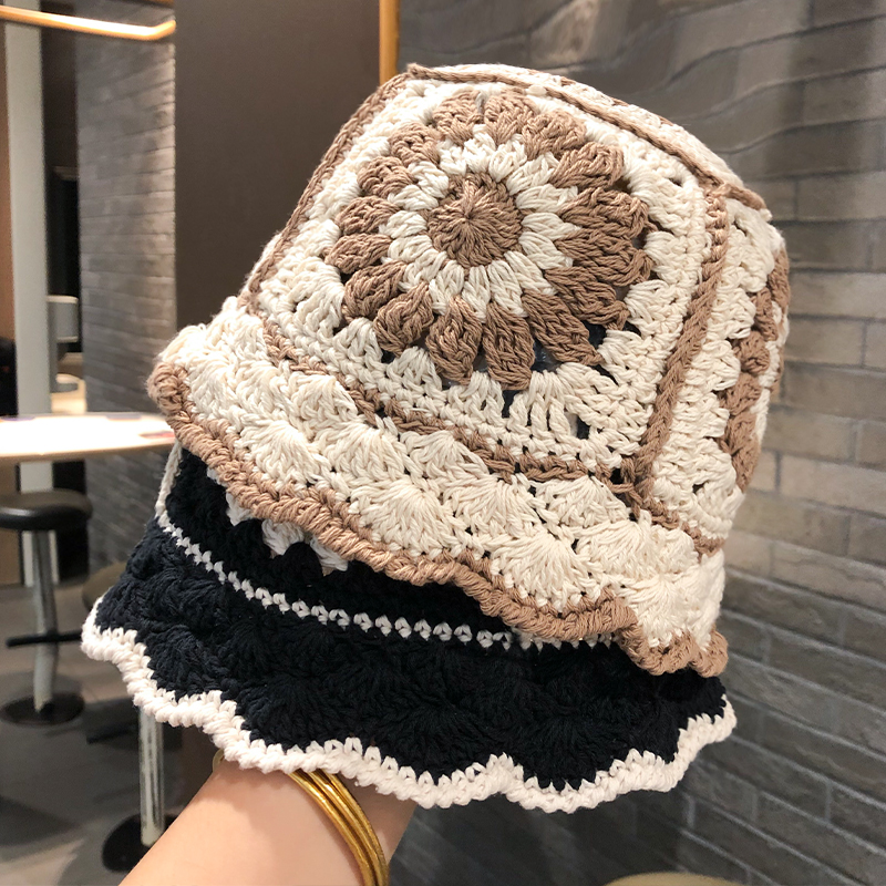 帽子女韩版潮时尚勾花朵毛线帽女春秋季手工编织针织