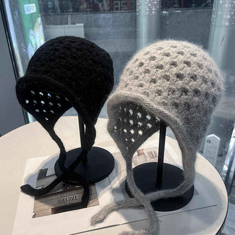 秋冬手工镂空护耳针织帽女显脸小