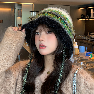 渔夫帽百搭秋冬彩色条纹防寒保暖