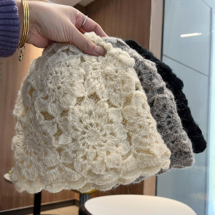 2025新款手工钩花镂空包头帽女秋冬时尚洋气针织毛线帽花朵编织帽