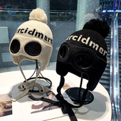 飞行员女护目镜帽子冬季 加绒加厚保暖护耳帽百搭包头雷锋帽针织帽