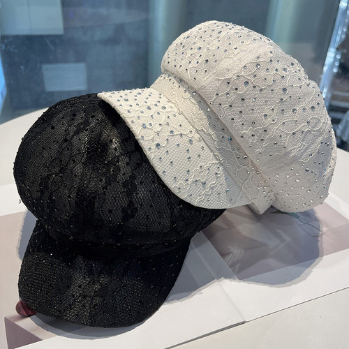 韩版重工水钻蕾丝八角帽显脸小