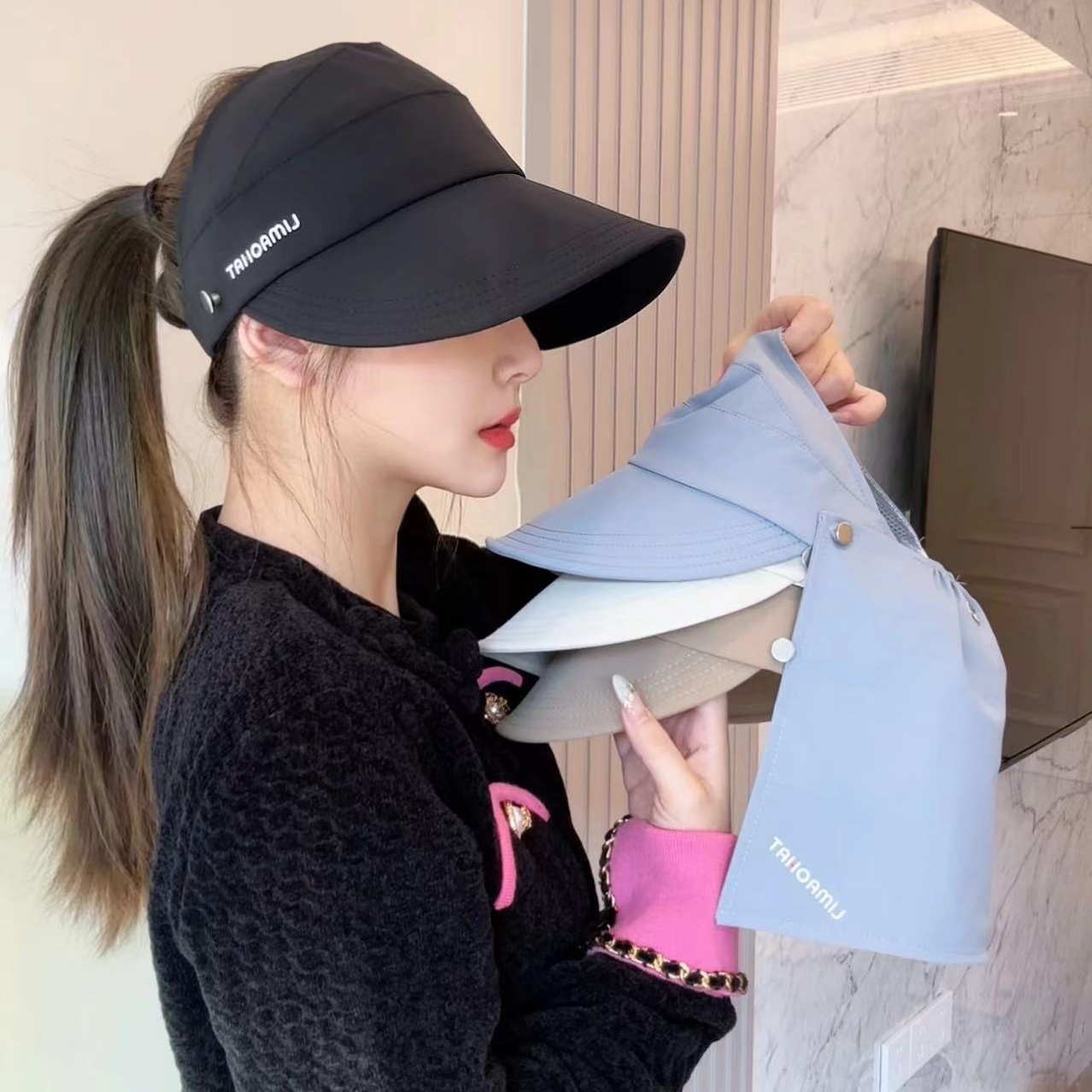 春夏冰丝护颈渔夫帽可扎高马尾女