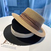 法式 褶皱织带草帽夏出游百搭防晒遮阳帽子女柔软草编沙滩帽太阳帽
