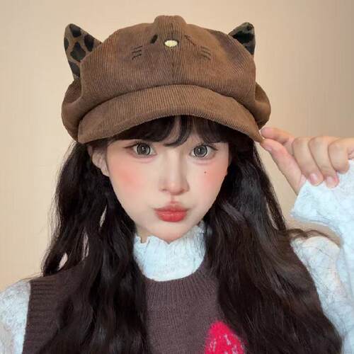 可爱豹纹猫耳灯芯绒贝雷帽