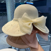 夏季 网纱珍珠蝴蝶结草帽优雅气质草编渔夫帽海边度假遮阳防晒盆帽