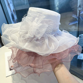 夏季 法式 英伦赫本风欧根纱花朵网纱帽度假折叠大檐沙滩防晒遮阳帽