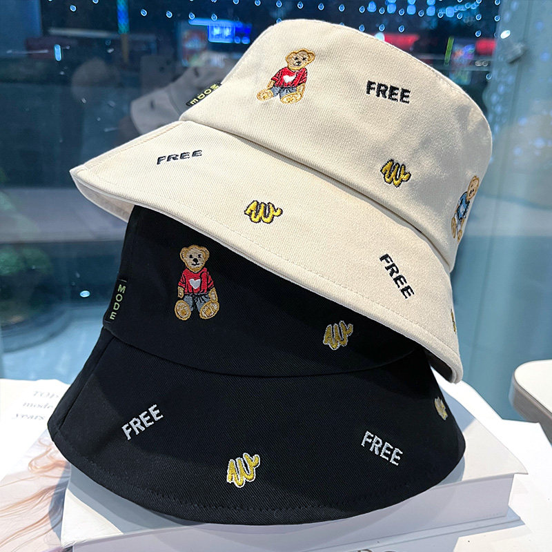 新款渔夫帽女可爱小熊帽子大檐太阳帽女夏季薄款遮阳防晒水桶帽女
