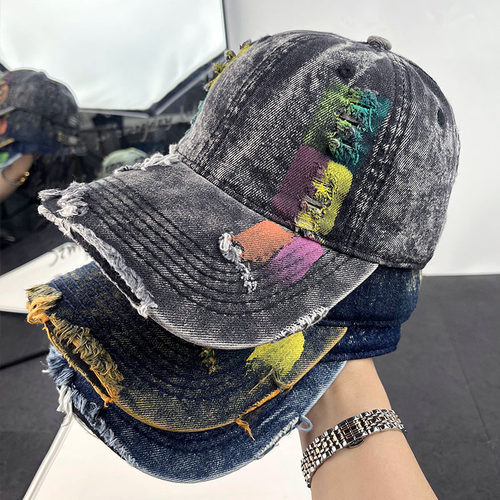 美式破洞牛仔弯檐棒球帽显脸小
