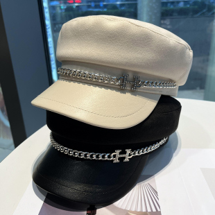 韩版 英伦复古皮檐拼接毛呢八角画家帽 链条水钻字母平顶帽女秋冬季