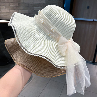 韓版 女士太陽帽子 優雅蝴蝶結防曬草帽女夏海邊大檐遮陽沙灘帽夏季