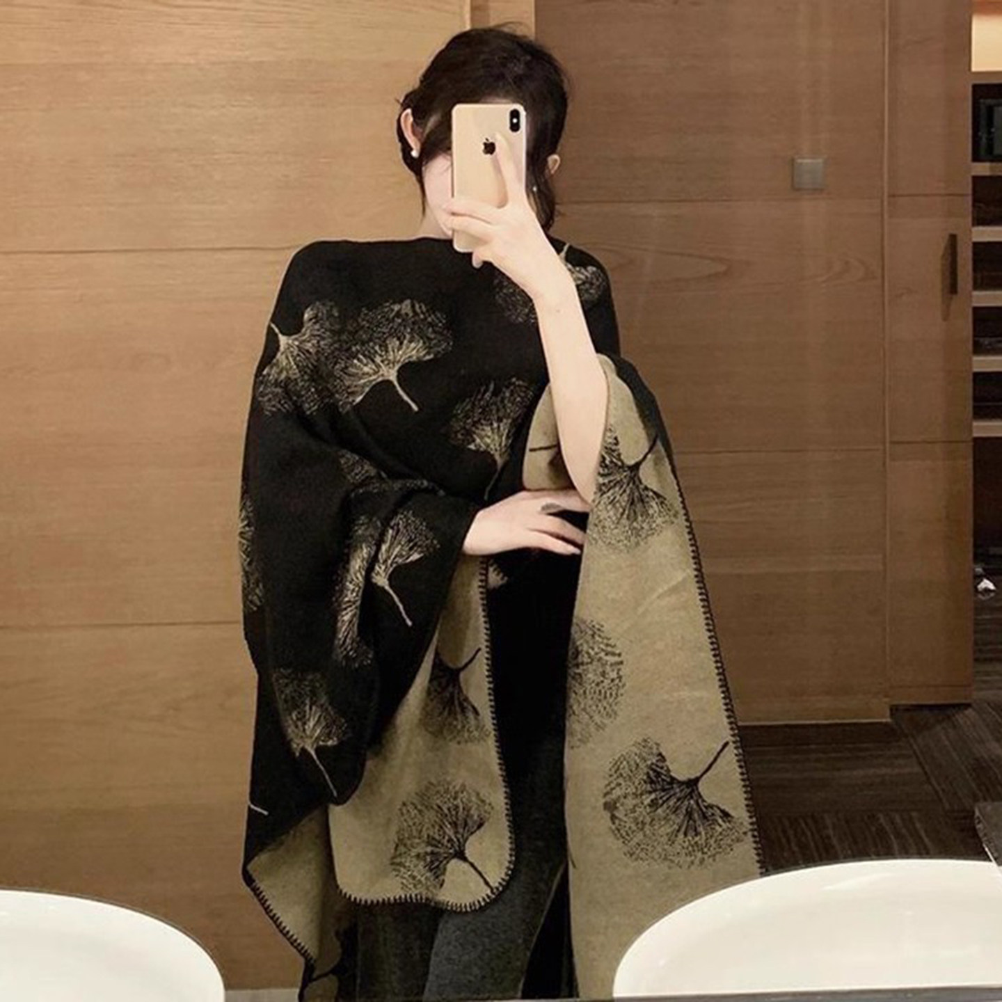 银杏叶披肩秋冬季保暖围巾