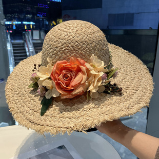 花朵手工编织草帽女夏季法式大檐遮阳防晒帽出游海边度假太阳帽子