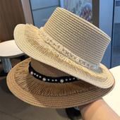 流苏珍珠平顶草帽女夏季 草编英伦礼帽出游休闲遮阳帽户外防晒帽子